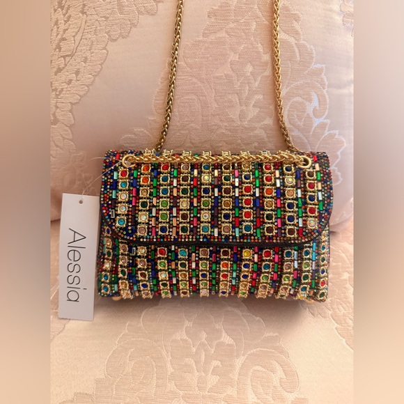 Alessi Colorful Beaded bag  with Gold Chain - Picture 2 of 10